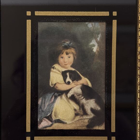 Antique Picture Young Girl With Blue Ribbon Sitting holding Dog Framed Print - Picture 3 of 11